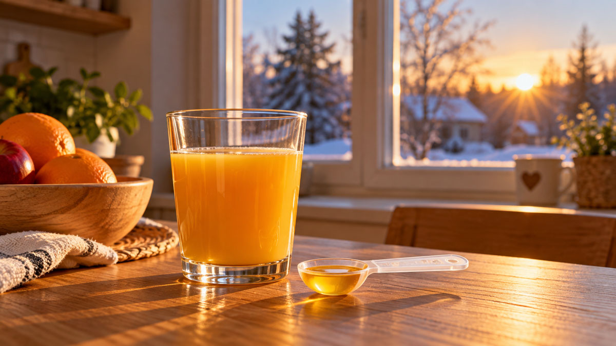 Nízké zimní slunce za oknem, dávka lipozomálního vitamínu D ve sklenici džusu